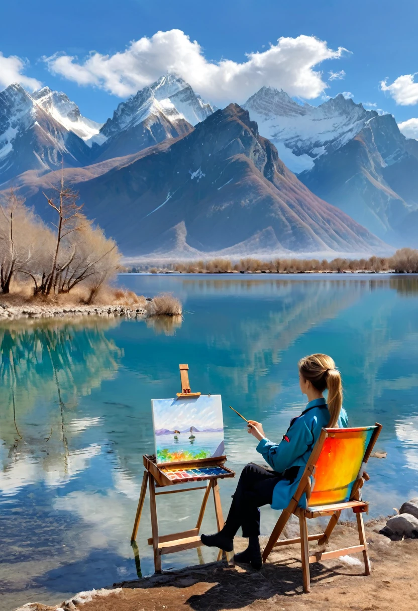 (Back View:1.2), winter, The painter by the lake, on the tranquil lakeside, the blue sky and white clouds are reflected on the water surface. A few wild ducks leisurely swim, and the distant mountains outline a natural ink painting in the lake water. A woman dressed in an artist's work uniform sat on a folding chair, with a canvas and a row of colorful paints in front of her. She was completely engrossed in waving her animated pen, trying to capture every detail of the beautiful scenery before her. Her hair was casually tied into a ponytail, and a few strands of hair gently brushed against her face with the gentle breeze, (masterpiece, best quality, Professional, perfect composition, very aesthetic, absurdres, ultra-detailed, intricate details:1.3)