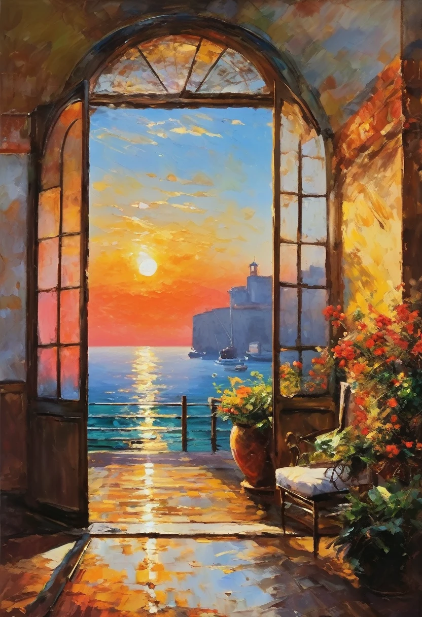 Cozy rooms, Big oil on the wall, Painter of Light, Monet's paintings, Impressionist painting, oil, Harbour sunrise scenery, The sea is depicted with bold, improvised brushstrokes、A distant view of the port, completely shrouded in mist, The rising red sun is the accent, The soft colors and gentle brushstrokes create a tranquil atmosphere.。The focus of the image is on impression、The painting itself is a masterpiece、Impeccable writing、Bold brushstrokes、Impressionist feeling, The mysterious beauty of that moment, The wall on which the painting hangs is decorated with an elegant frame.、Enhances the overall aesthetic appeal。Warm lighting、The elegant combination of rooms creates an enchanting atmosphere.、It invites the viewer to immerse themselves in the serenity and beauty of the depicted moment.。The image is、To truly capture the essence of the painting and its surroundings、Top quality with high resolution and ultra-detailed rendering。The art style is、Emphasis on realistic and photorealistic expression、Reflecting traditional oil techniques。The colors are warm and inviting、Highlight the rich colors of the sunset、Infuse a room with a warm glow。Lighting、Make your painting stand out、Add depth and dimension to the entire scene。