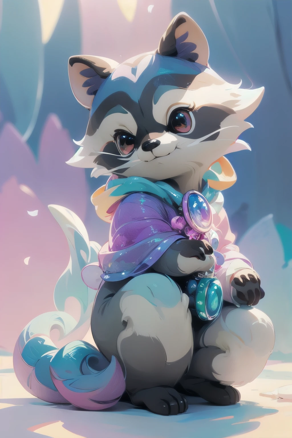 Cute raccoon in a surreal, dreamy fantasy scene、Detailed digital illustration、8K、Very detailed、Very realistic、Photorealistic、Bright colors、Dramatic lighting、Intricate details、Whimsical、magical realism、Soft pastel tones、Shine、Ethereal、Mysterious、Mysterious、Imaginative、Conceptual