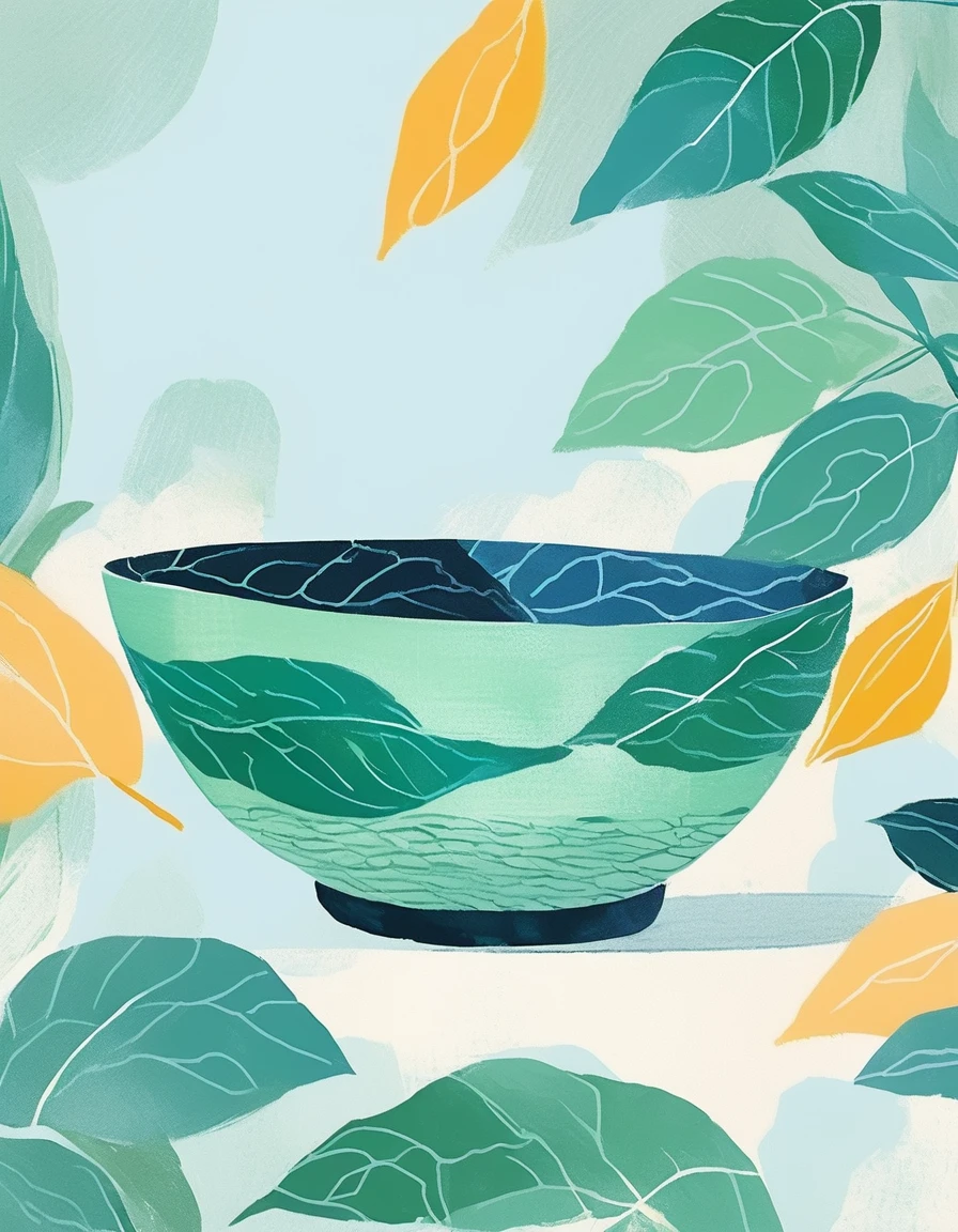 a close-up photo of a bowl, minimalist illustration, blue-green bowl, oil paint texture, sketchy, prominent textures, Chinese style, tea leaf pattern bowl, solid color background, clear edges, illustration style,pop surrealism,drawing,painting