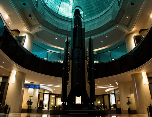 a spaceship stands motionless from a huge lobby. Photography Full view