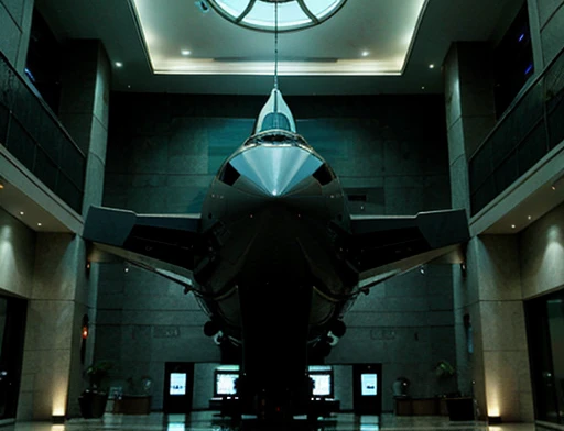 a spaceship stands motionless from a huge lobby. Photography Full view
