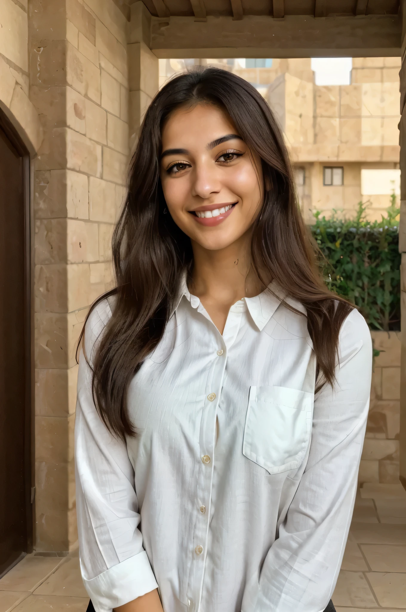 24YO, one attractive Jordanian women, cute smile, white teethes, long dark green shirt, light brown eyes, small nose, black/brown long hair