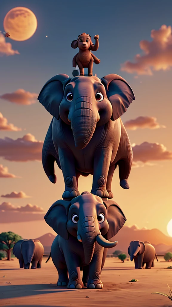 Create a majestic scene of elephants standing proudly with the backdrop of a rising or setting sun, symbolizing their grandeur and wisdom.Hyper-realistic, 8k, ultra HD, Pixar style, Disney style, Cinema 4D, --ar 3:2 1