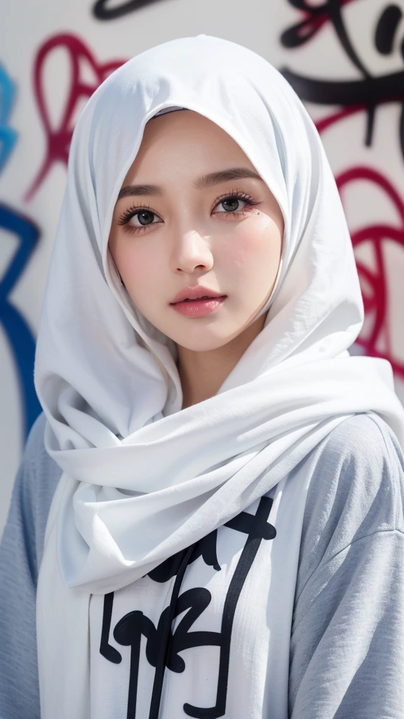 ,1girl, solo, pretty face, eyelashes, nose, glossy lips, (detailed eyes, looking at viewer, fair skin, white skin: 1.5), smooth skin, wearing hijab, 8k portrait of beauty in hijab, intricate, graceful, highly detailed, majestic, digital photography, hyper realistic, Masterpiece, Best Quality, All parts of the body except the face and hands are covered with clothing, Tudung, ((do not let the hair come out of the hijab)), full hijab, ((all parts of the body covered by clothes except the face)), Best Quality, (graffiti:1.5), paint splatter, jacket, On wall, paint can, looking at viewer, head slanted, clothing color (Wear a hooded military uniform), cyberpunk city