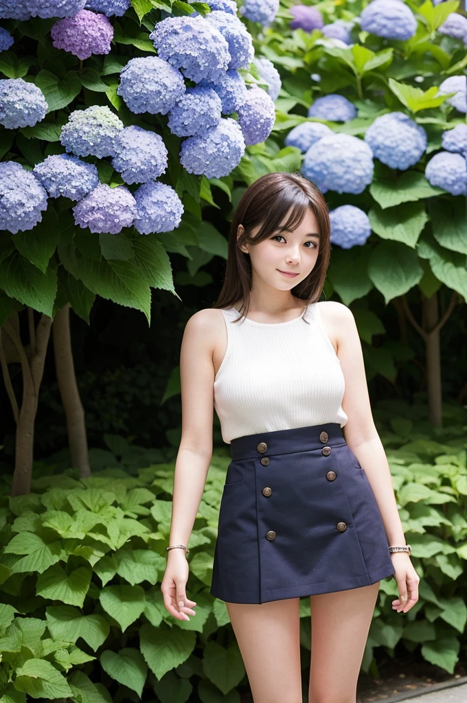A 20-year-old girl wearing a miniskirt、In the hydrangea park。