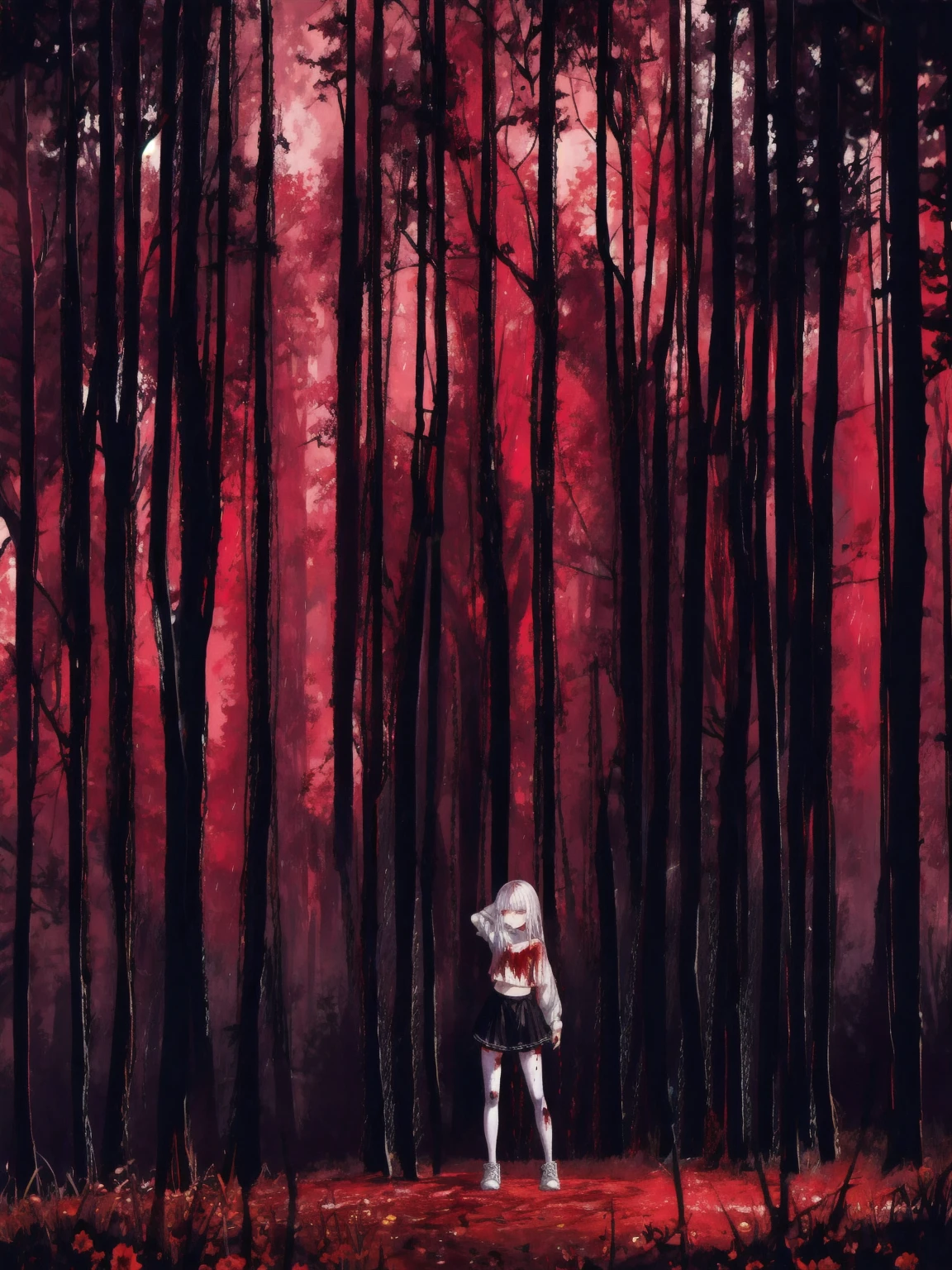 hd quality, ultra_detailed, highres, masterpiece, best quality, loli, perfect face, sharp facial contours, high-definition face, scared, aroused, pale skin, long silver hair, crop top, pink pantyhose, sneakers, (camel toe:0.3), extra small breasts, full body, Hand Behind Head Pose. Blood-soaked clothes, blood on face, blood splattered, bloody mess. Forest, flowers, shadowy trees, scary trees. The overall atmosphere is night eerie and somber, bad weather, dark clouds, heavy rain, crimson raindrops. Night lighting, cool tones, blue hue, (absurdres:1.3), (saturation:0.2), (highlight:0.3), (brightness:0.3) detailed background,