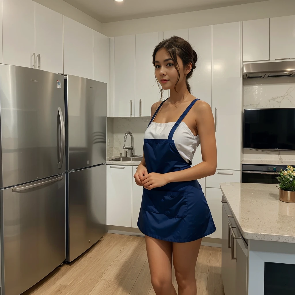 One girl standing in the kitchen, wearing short dress with cooking apron, modern and full to top roof kitchen set, refrigerator, small tv, good lightning, 