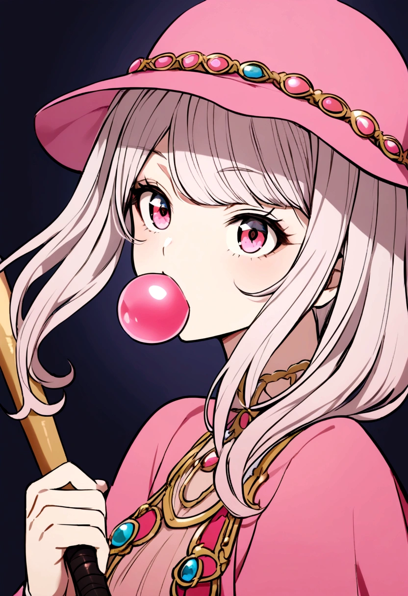 White girl, whith pink cloathes, pink hat, holding a baseball bat, and popping a gum
