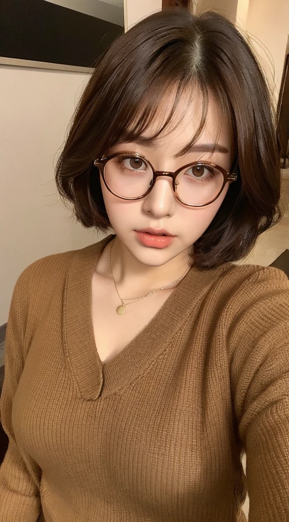 Chubby woman, short brown hair, brown eyes, wears glasses, wears a nice outfit.