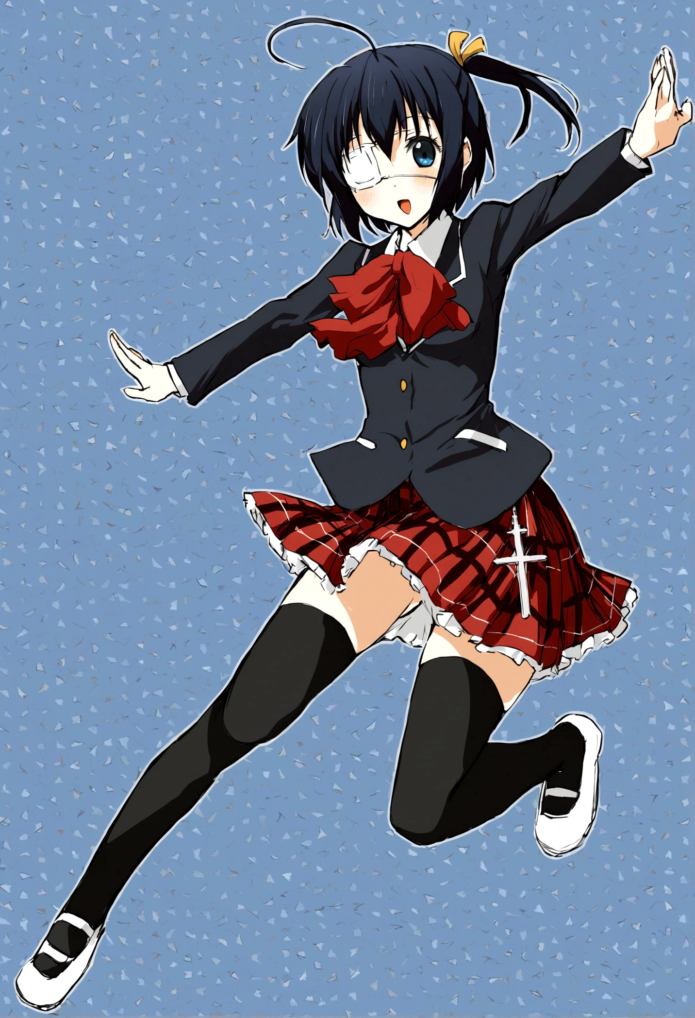 1girl,solo,akanashi_rikka,bow,ahoge,medical_eyepatch,plaid_skirt,one_side_up,skirt,thighhighs,plaid,cross,school_uniform,black_thighhighs,(Rikka Takanashi),E7E48U, dancing ,jumping