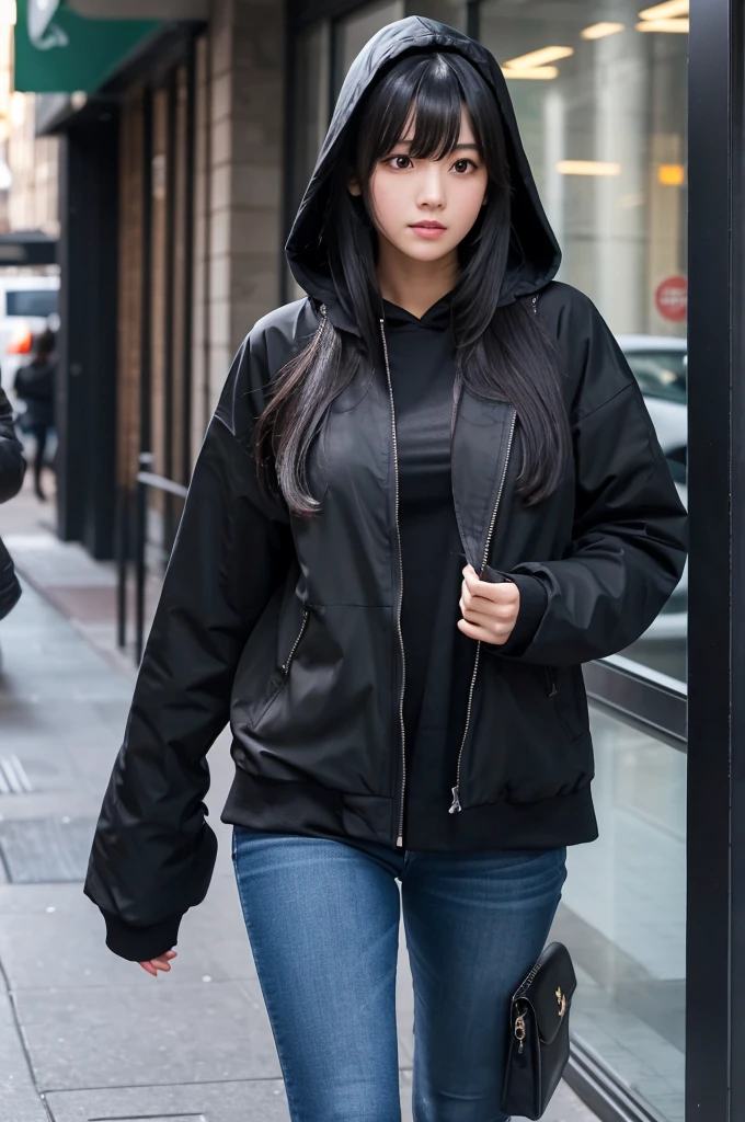 A girl with long black hair wearing a long black jacket with a hood　tall　Slightly larger breasts　With bangs　Foot thin