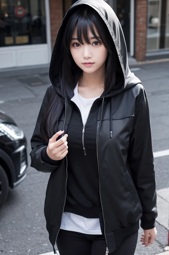 photograph of a 20 year old woman, face perfect, OGood de arte, Good, Underwear, blackw_Good, jaket, blackw_knickers