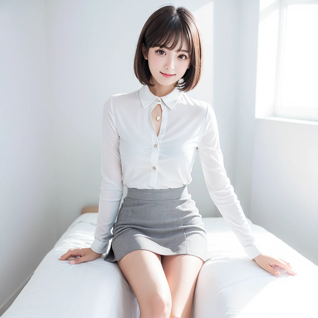 (Highest quality、masterpiece:1.9)、((Neat and clean female college student、1 person))、Soft lighting by a professional photographer、Natural light、((Very spacious white luxurious room:1.6))、((Bright white room:1.6))、(Sitting on a very luxurious white bed:1.2)、(White Bookcase:1.1)、Natural soft light、((Black Hair:1.1))、Fair skin、Detailed Eyes、double eyelid、Slightly puffy cheeks、((Small Face:1.0))、((Check One Piece、Grey mini skirt、Please wear it with the chest open.:1.1))、(smile)、((Girly pose 1.8))、High resolution,、((Short Hair:1.2))、((Full Body Shot:1.2))、Live-action image quality、((Height: 150cm))、Hands in front、Hide your hands between your legs、(bangs:1.1)、