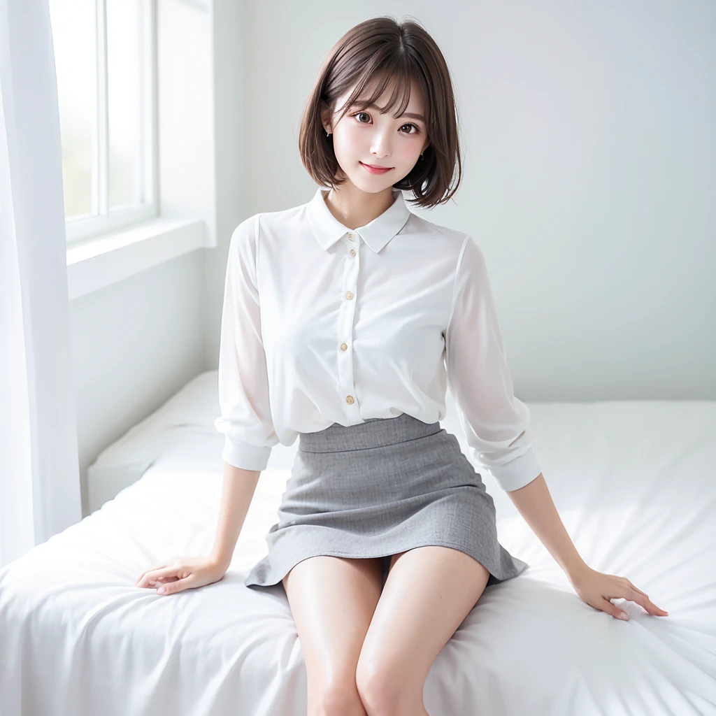 (Highest quality、masterpiece:1.9)、((Neat and clean female college student、1 person))、Soft lighting by a professional photographer、Natural light、((Very spacious white luxurious room:1.6))、((Bright white room:1.6))、(Sitting on a very luxurious white bed:1.2)、(White Bookcase:1.1)、Natural soft light、((Black Hair:1.1))、Fair skin、Detailed Eyes、double eyelid、Slightly puffy cheeks、((Small Face:1.0))、((Check One Piece、Grey mini skirt、Please wear it with the chest open.:1.1))、(smile)、((Girly pose 1.8))、High resolution,、((Short Hair:1.2))、((Full Body Shot:1.2))、Live-action image quality、((Height: 150cm))、Hands in front、Hide your hands between your legs、(bangs:1.1)、