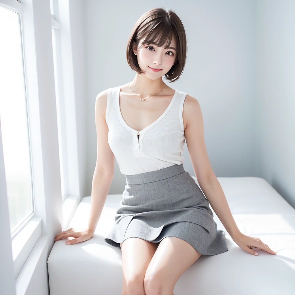 (Highest quality、masterpiece:1.9)、((Neat and clean female college student、1 person))、Soft lighting by a professional photographer、Natural light、((Very spacious white luxurious room:1.6))、((Bright white room:1.6))、(Sitting on a very luxurious white bed:1.2)、(White Bookcase:1.1)、Natural soft light、((Black Hair:1.1))、Fair skin、Detailed Eyes、double eyelid、Slightly puffy cheeks、((Small Face:1.0))、((Check One Piece、Grey mini skirt、Please wear it with the chest open.:1.1))、(smile)、((Girly pose 1.8))、High resolution,、((Short Hair:1.2))、((Full Body Shot:1.2))、Live-action image quality、((Height: 150cm))、Hands in front、Hide your hands between your legs、(bangs:1.1)、