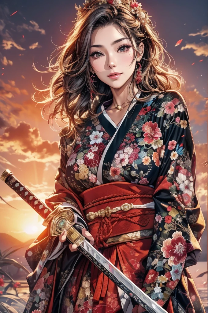 He holds a long Japanese sword in his right hand.、Beautiful 40 year old Japanese woman、A cool smile、Gorgeous black and red kimono、Gorgeous floral patterned kimono、Beautiful sunset、The sunset is dazzling、Slit eyes、Realistic eyes、Realistic eyes、A Japanese sword shines in the setting sun