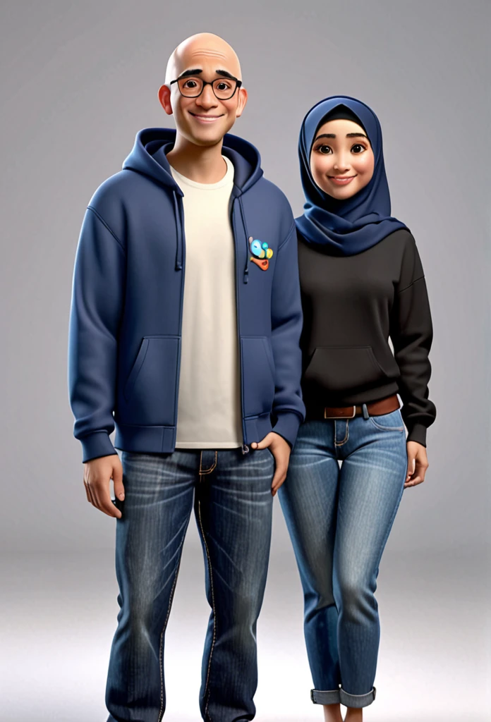 A Indonesian man and woman, wearing black hoodie and blue jeans, standing wearing slippers, the man  hair style is a little bald, the woman wearing hijab, character headshot portrait, 8k portrait rendering, disney rendering, personagem de perto, retrato de personagem em close, Personagem 3D realistic, caricature, personagem estilizado, como um personagem da Pixar, personagem altamente detalhado, Personagem 3D, personagem 3d, estilo de personagem da Disney, close do retrato do personagem, personagem masculino.