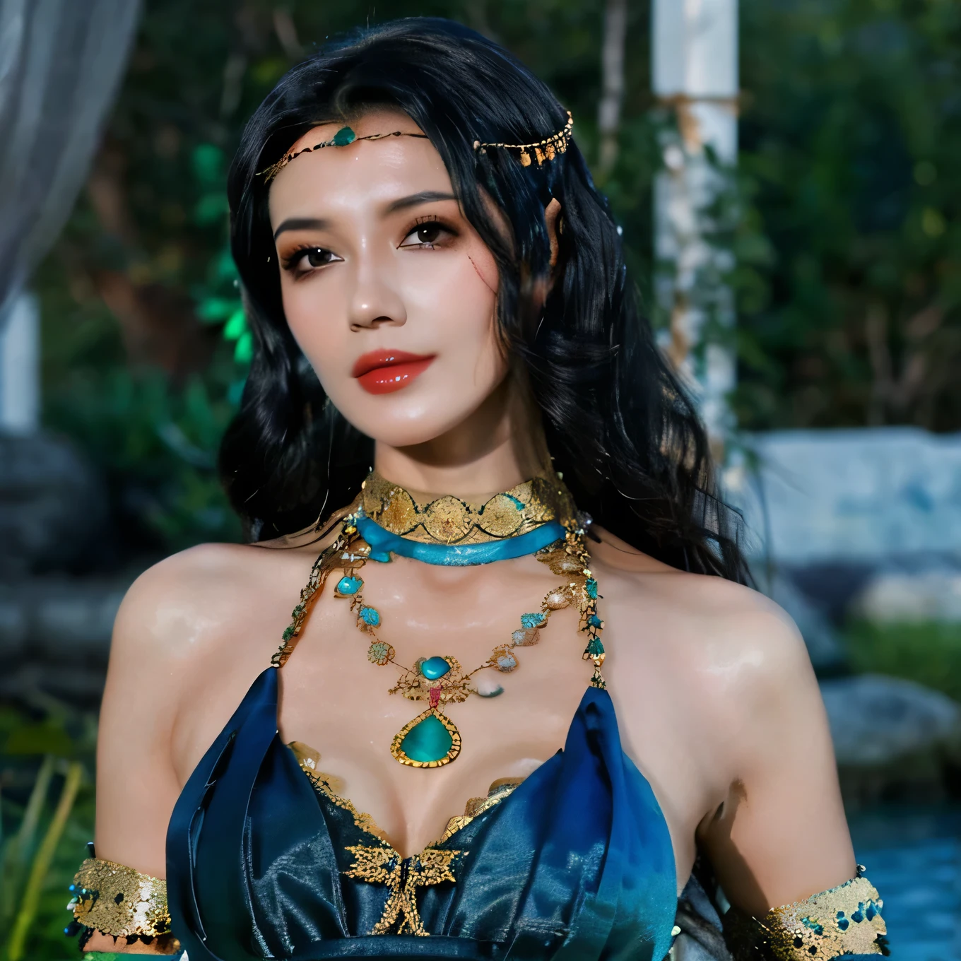 Marmaid , shiny,sea jewellery,realistic portrait, 1 beautiful, strong and sexy gypsy with long black hair and smooth skin and ornaments on her forehead