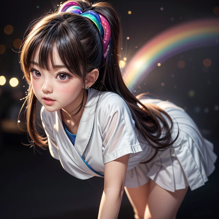 NSFW, 8k, High-level, absurd, masterpiece, best quality, primitive, very detailed CG, very detailed wallpaper, perfect lighting, Extremely detailed ((( personifying " Arale Norimaki " as a  Girl))), MysticSight, Tyndall effect, Tyndall scattering, (Studio gray background with (Overflowing oodles Dazzling RainbowColorParticles (BokeH))), (RoundlyButts, ThighGap), (Exposed:0.4), (Assfocus with looking ahead) BREAK  (Acutance:0.88), (NOGIZAKA face variations) Extremely Detailed very KAWAII face variations, perfect anatomy, Childish, CaptivatingGaze ElaboratePupils detailed Eyes with (sparkling highlights:1.28), (Voluminous LongEyelashes:0.88)、GlossyRED Lips with beautiful details, RosyCheeks, Radiant PearlSkin with Transparency . { (Dynamic LifeLike expressions:1.4) | (:d) }, (large eyes:-1) .