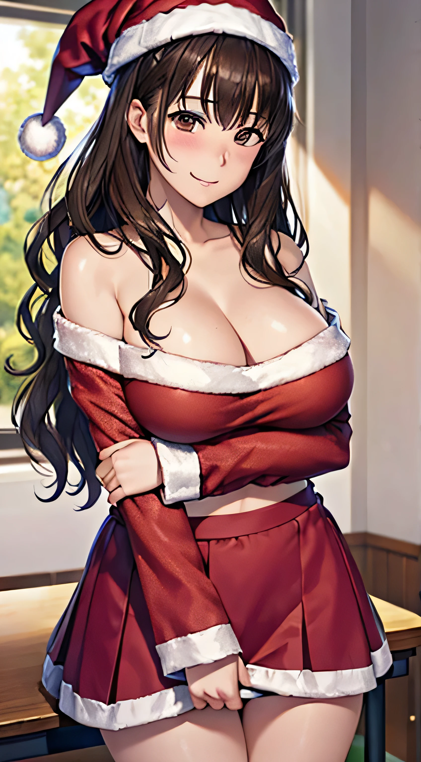 ((Tabletop, Highest quality, High resolution, , Pixel Perfect, 4K,))), 1 female teacher, single, alone, beauty、The whole body is visible、 ((Long Wavy Hair, bangs, Brown Hair)), ((Brown eyes, Beautiful eyelashes, Realistic eyes)), ((Detailed face, Blushing:1.2)), ((Smooth texture:0.75, Realistic texture:0.65, Realistic:1.1, Anime CG Style)), Big Breasts, Dynamic Angle, Perfect body, (( , , Santa Claus Cosplay Hat、 Santa Claus Cosplay Off Shoulder Sweater、flare skirt、Floral lace panties 、)), 、、Very embarrassing panic smile, 、、classroom、、、、Stick your butt out、Leaning forward、Bring your arms together、 、Angle from below)、