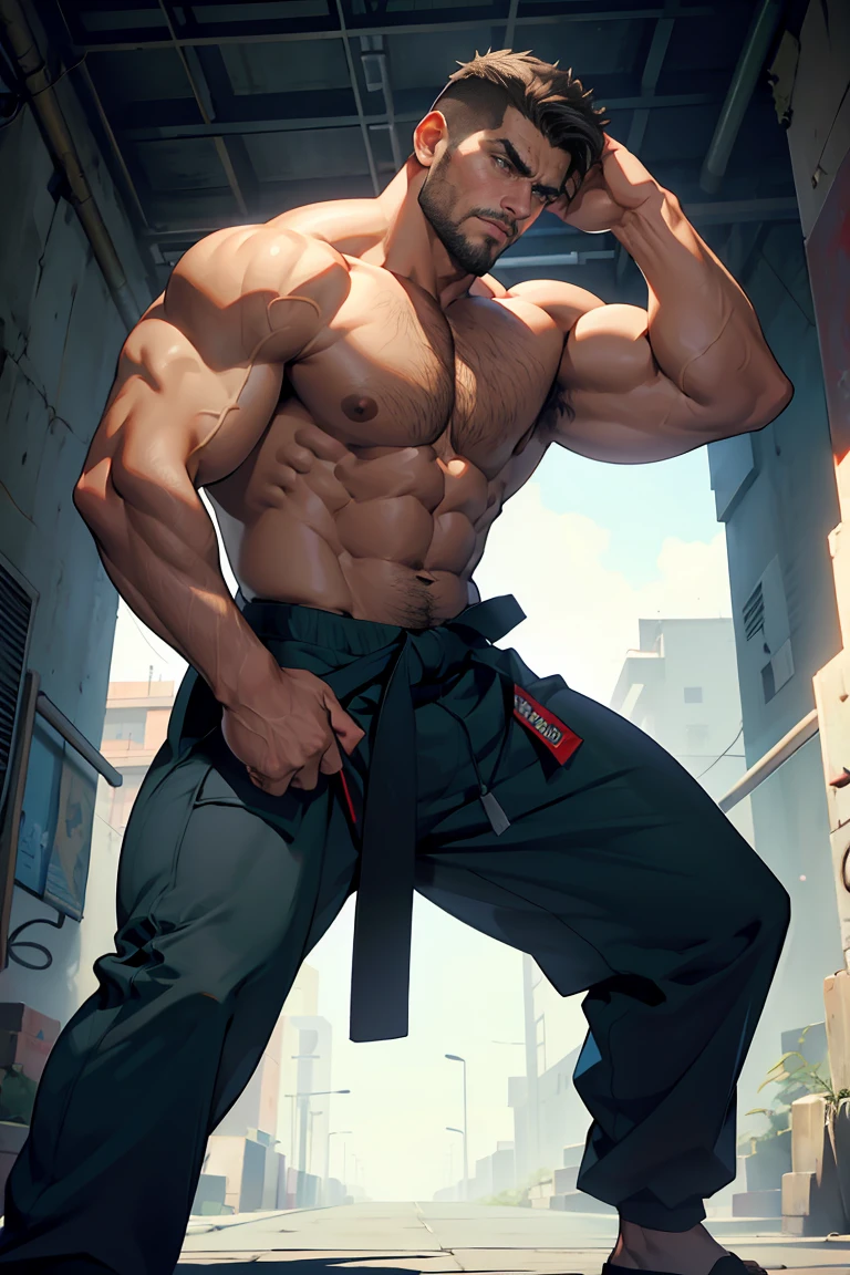 bodybuilding physique, A muscular man with a strong build.. He has a well-defined jaw and a serious expression.. Su piel es clara, y tiene barba corta. Boxeador o karateka, pose de karate, pose de boxeo, only pants, hermoso rostro,lleno de luz,Una mirada decidida, corte militar, ruso, fondo de ciudad apocaliptica, zombies