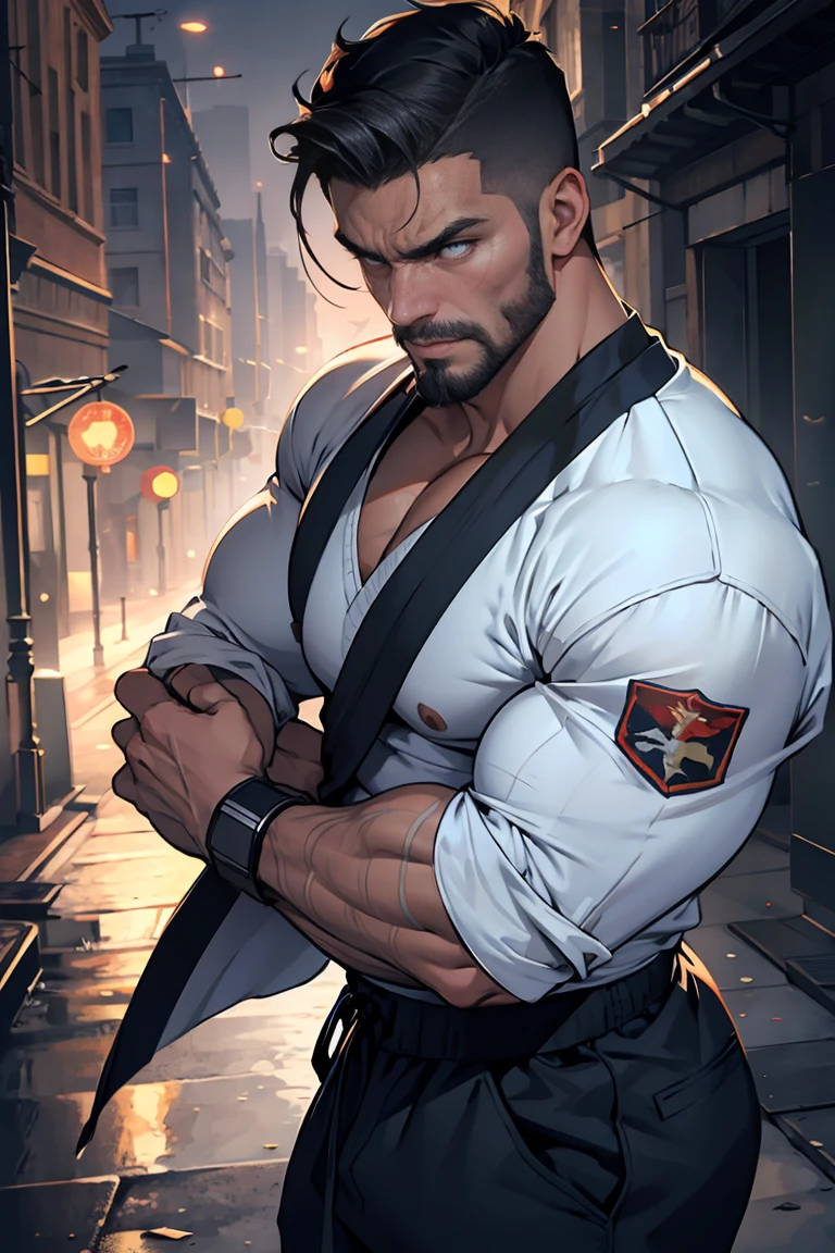 bodybuilding physique, A muscular man with a strong build.. He has a well-defined jaw and a serious expression.. Su piel es clara, y tiene barba corta. Boxeador o karateka, pose de karate, pose de boxeo, only pants, hermoso rostro,lleno de luz,Una mirada decidida, corte militar, ruso, fondo de ciudad apocaliptica, zombies