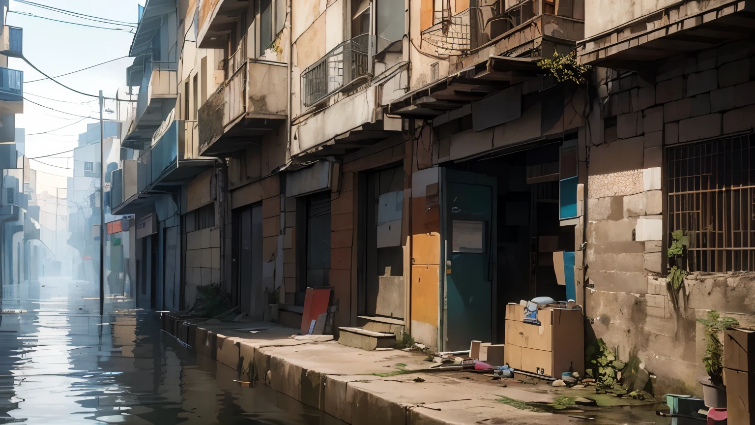 ((melhor qualidade)), ((Obra de arte)), ((detalhado)), Broken video games and Computers (PC) lying around everywhere. It's night dawn, in a post-apocalyptic scenario, of a city destroyed by floods, water and lame in the streets, RUST, VEGETATION and FUNGIS A LOT AROUND EVERYWHERE present