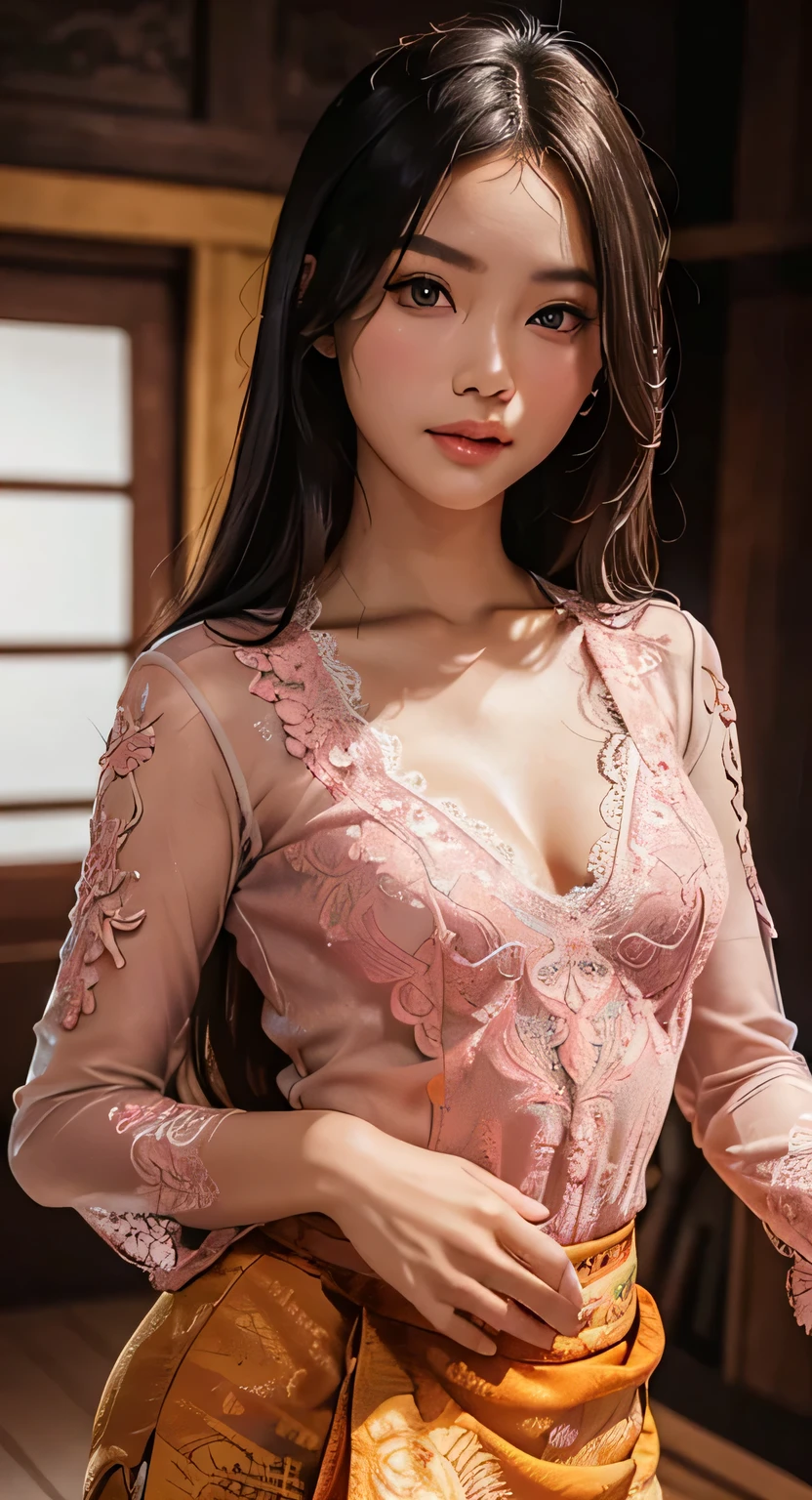 1 Indonesian-Dutch girl, 25 years old, long fashion hair, fit body, small cleavage, skintight pink lace kebaya, batik skirt, masterpiece, highly detailed, ultra hd, 8k, detailed face, bright eyes, perfect eyes, detailed skin texture, detailed lips, sexy lips, perfect hands, dynamic angle, cowboy shot