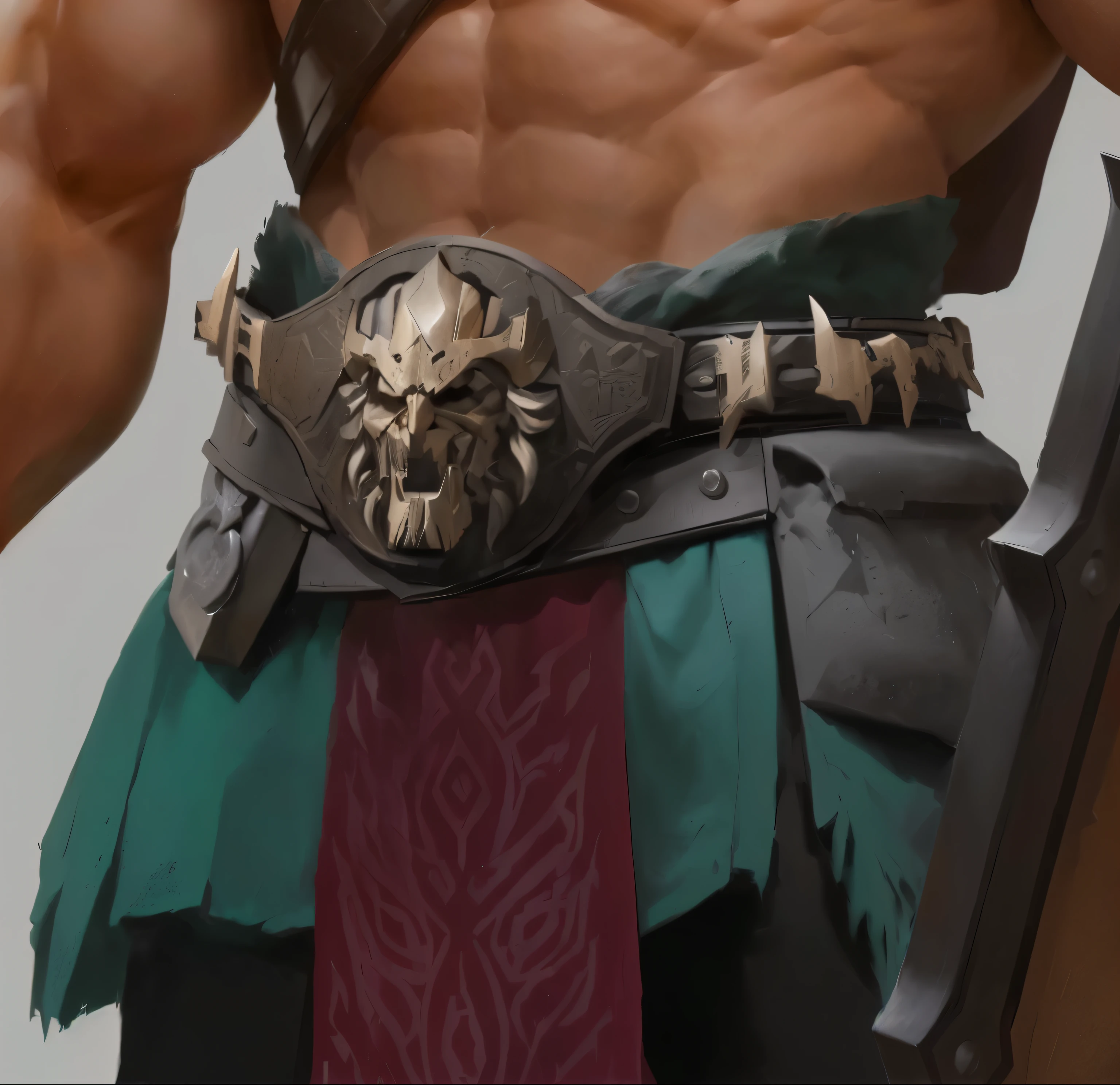 There is a statue of a man wearing a belt and tie, barbarian class, huge belt, As seen on artstation, Game concept art, Epic details, barbarian, hand painted textures on model, Detailed concept art, Concept art of the warrior, Senior Concept Artist, Epic details, author：Tadeusz Pruszkowski, Big belt