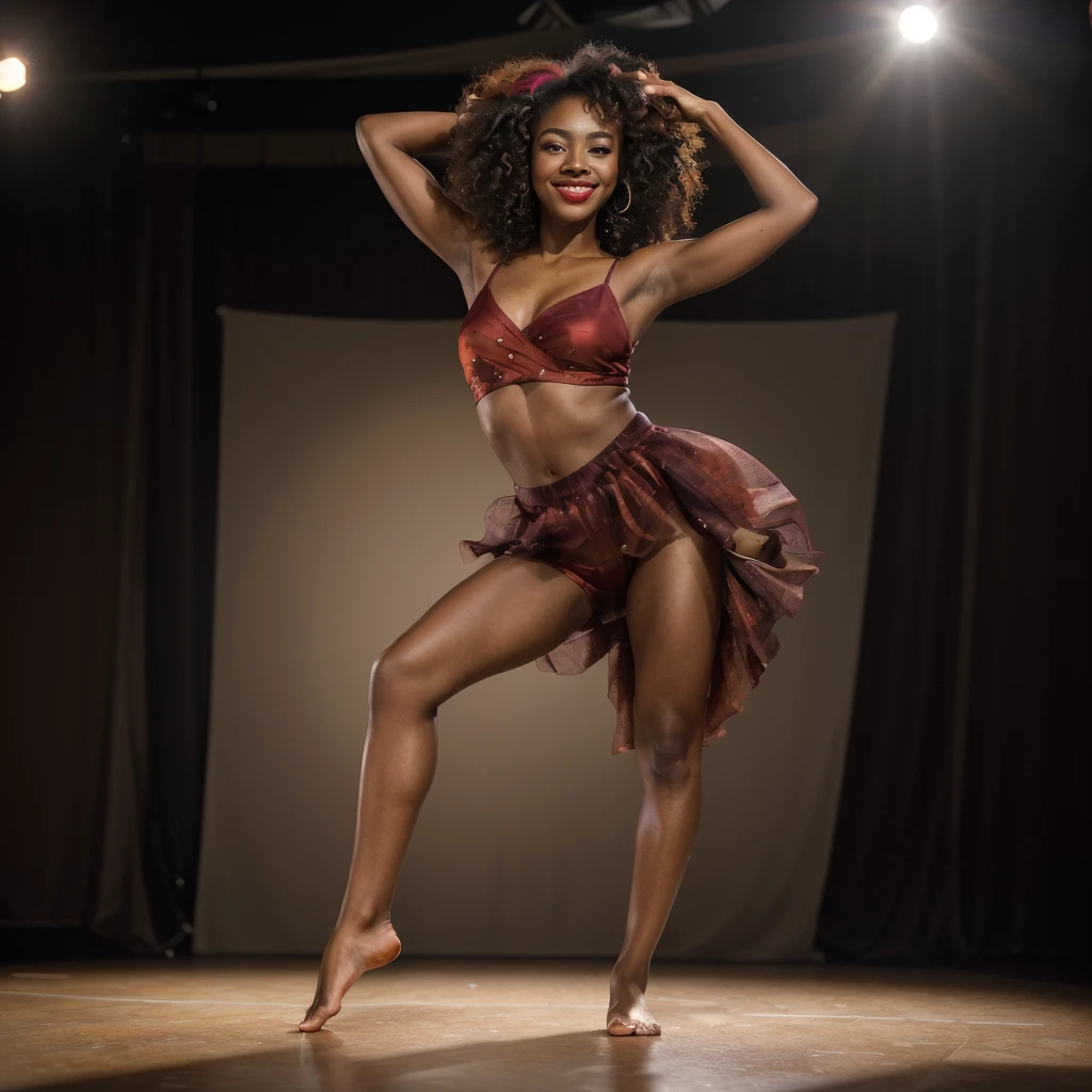 a young african american woman of mixed race with dark skin and freckles, photorealistic portrait, realistic skin texture, fine round facial features, long black lashes, defined eyebrows, full red lips with evening makeup, athletic physique, medium length red curly hair, full body shot, body in motion, smiling, dancing hip hop on stage in a theater, wearing modern jazz outfit, barefoot, flexible, lifting leg high, turning, pirouettes, cinematic 85mm f/1 lighting, high quality realistic image, best quality, 8k, ultra-detailed, physically rendered, vivid colors, sharp focus, masterpiece