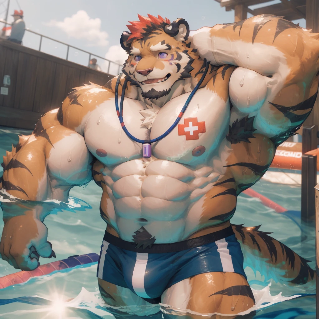 masterpiece, best quality, 8k resolution, Very detailed, hairy，tiger，((red hair))，muscle，Strong，超大muscle，((Sweating))，(((Purple Eyes)))，For the audience，(((Lifeguard)))，portrait，(((Shirtless)))，(Highest quality scene)，(((underwear)))，(((Nautical Mile)))，(((smiling)))，(((Hip bulge)))，(((Ultra clear eyes))，(((Blushing)))，((Solitary))，((whole body))，(((Sunlight)))，(((Swimming style)))，((Mature))，(((Uncle)))，(((Orange fur)))