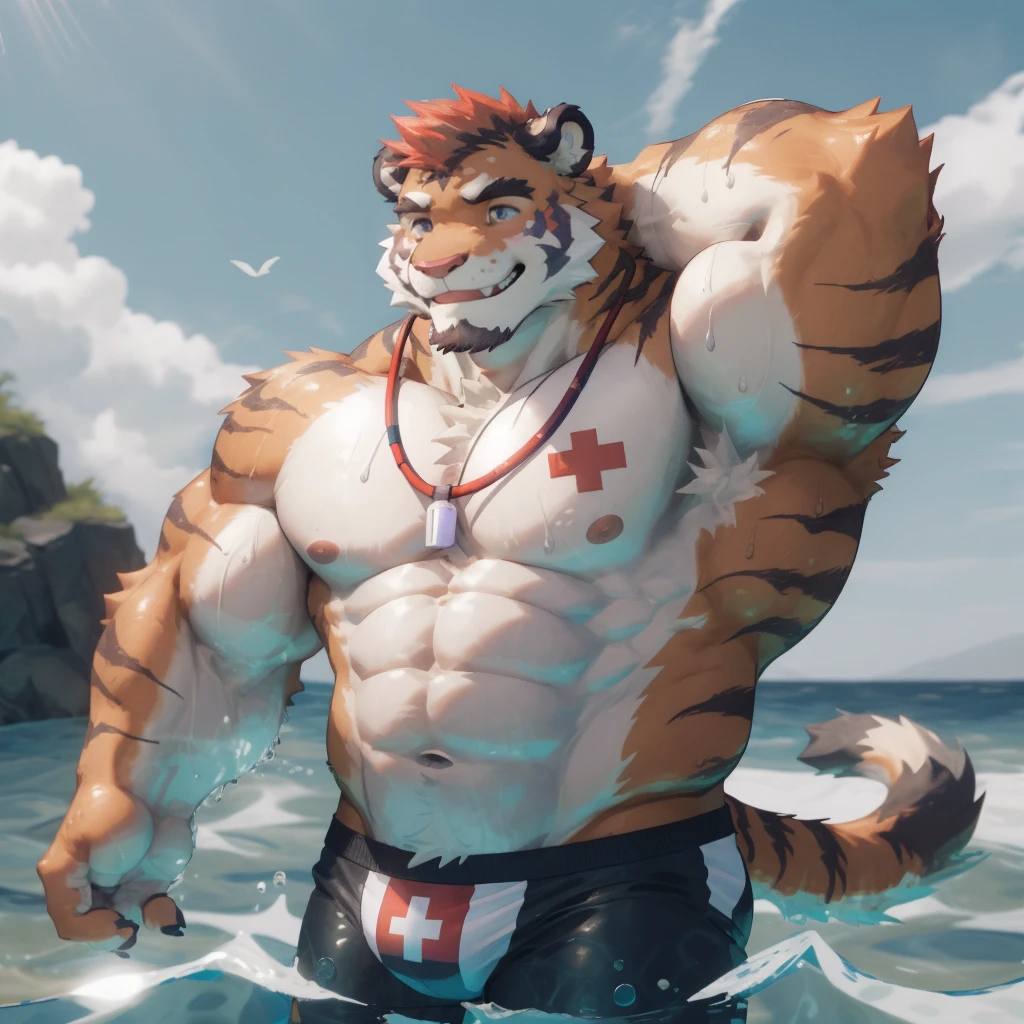 masterpiece, best quality, 8k resolution, Very detailed, hairy，tiger，((red hair))，muscle，Strong，超大muscle，((Sweating))，(((Purple Eyes)))，For the audience，(((Lifeguard)))，portrait，(((Shirtless)))，(Highest quality scene)，(((underwear)))，(((Nautical Mile)))，(((smiling)))，(((Hip bulge)))，(((Ultra clear eyes))，(((Blushing)))，((Solitary))，((whole body))，(((Sunlight)))，(((Swimming style)))，((Mature))，(((Uncle)))，(((Orange fur)))