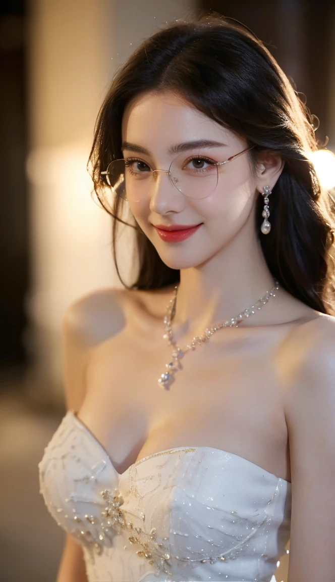 (Canon RF85mm f/1.2), (8K, RAW photos, best quality), (masterpiece), (actual, photograph actual), (Very detailed, High Detail, Best image quality, Super detailed, high resolution, Very detailed, Very detailed的描述, Ultra-fine, Extremely exquisite and beautiful work), Beautiful and delicate girl, Solo Girl, ((Perfect body)), Very detailed eyes and face, White skin, Noble beauty, ((The skin texture is delicate, Pores)), Perfect anatomical structure, Beautiful body, Delicate face, Slim abs, Slim waist), Big Ass, (Large Breasts, Breast enlargement), (Cleavage), (affectionate gaze, soulful eyes, Glowing eyes), (beautiful and clear eyes), (Bounce Curly Messy Long Hair), (Smile:1.2), (fascinated expression), (Attractive appearance), ((Cardigan,Strapless wedding dress)), ((Tight)), ((bud)), ((wear glasses)), earrings, necklace, ((night)), ((Street View, moonlight)), Physically Based Rendering, Realistic lighting, (((Upper Body))), ((looking at the audience)), ((Everlasting)), ((Happy and shy))