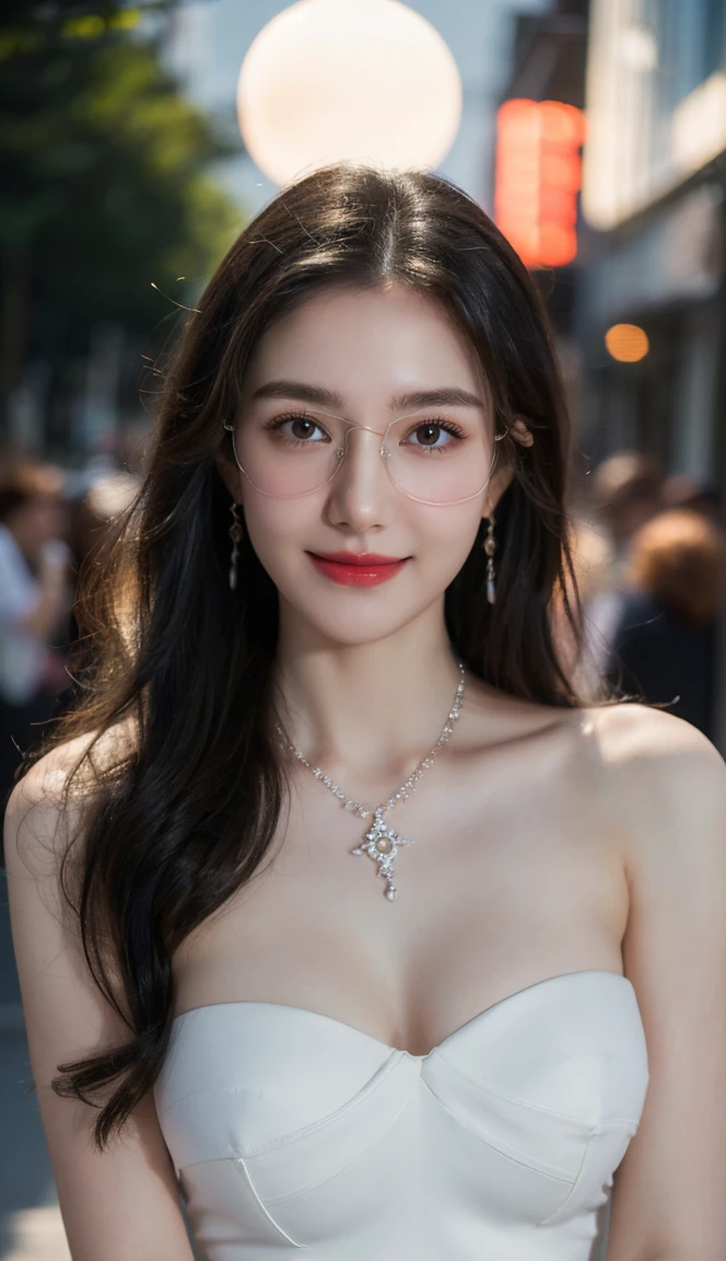 (Canon RF85mm f/1.2), (8K, RAW photos, best quality), (masterpiece), (actual, photograph actual), (Very detailed, High Detail, Best image quality, Super detailed, high resolution, Very detailed, Very detailed的描述, Ultra-fine, Extremely exquisite and beautiful work), Beautiful and delicate girl, Solo Girl, ((Perfect body)), Very detailed eyes and face, White skin, Noble beauty, ((The skin texture is delicate, Pores)), Perfect anatomical structure, Beautiful body, Delicate face, Slim abs, Slim waist), Big Ass, (Large Breasts, Breast enlargement), (Cleavage), (affectionate gaze, soulful eyes, Glowing eyes), (beautiful and clear eyes), (Bounce Curly Messy Long Hair), (Smile:1.2), (fascinated expression), (Attractive appearance), ((Cardigan,Strapless wedding dress)), ((Tight)), ((bud)), ((wear glasses)), earrings, necklace, ((night)), ((Street View, moonlight)), Physically Based Rendering, Realistic lighting, (((Upper Body))), ((looking at the audience)), ((Everlasting)), ((Happy and shy))