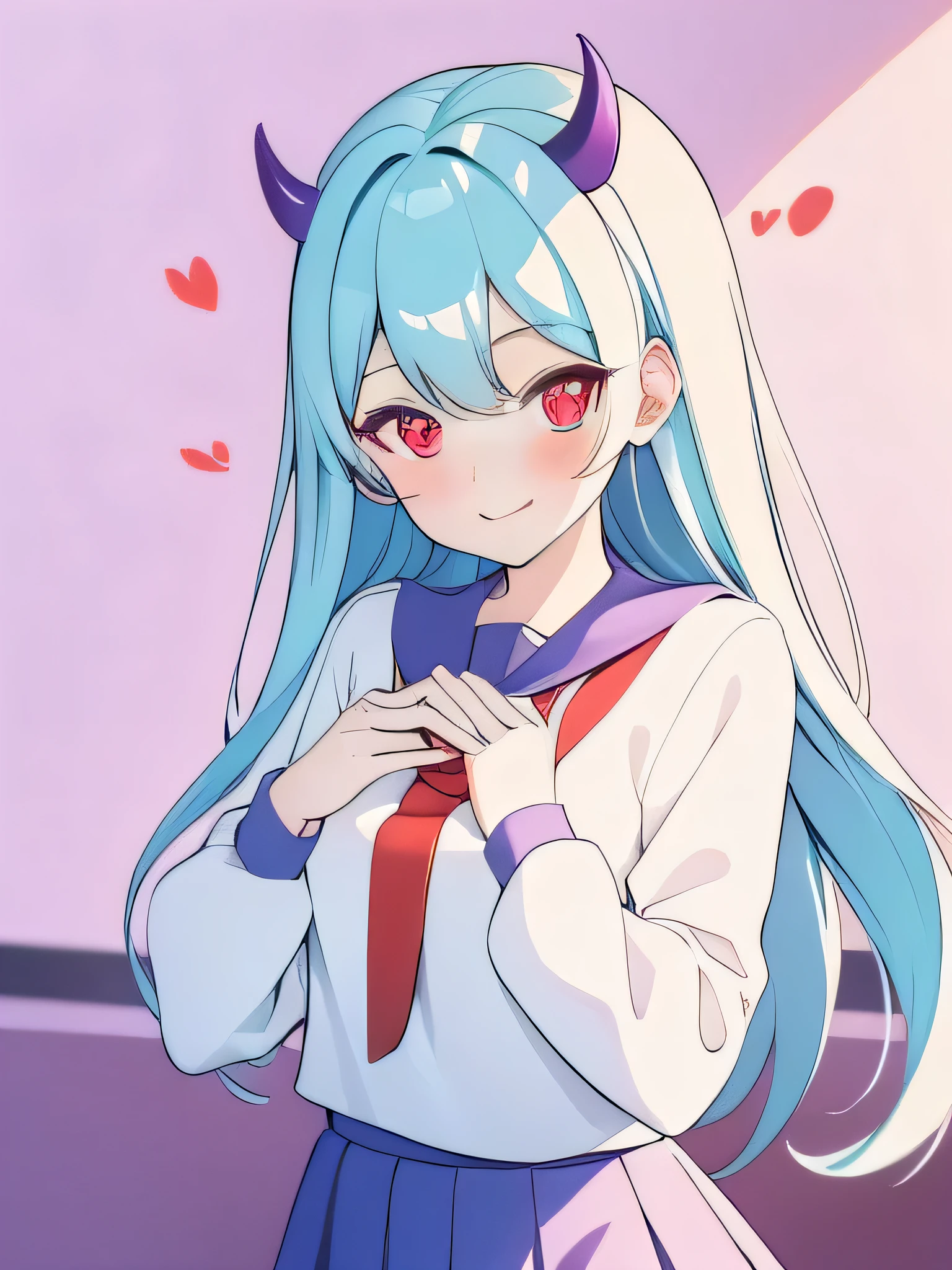 masterpiece，best quality，1 girl，Red Eyes，cyan hair，Banya，end，Purple corners smooth，White school uniform，Smile，heart gesture