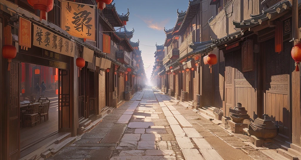 There is a painting,There is a street in the painting,Old city streets, Chinese streets, Traditional Chinese Concept Art, Beautiful rendering of the Ming Dynasty, China Town, Dreamy Chinatown, Anime Landscape Concept Art, Chinese feudal background, China city, Ancient city landscape, dota matte concept art, Feudal Chinese art,Reduce the number of floors of the house