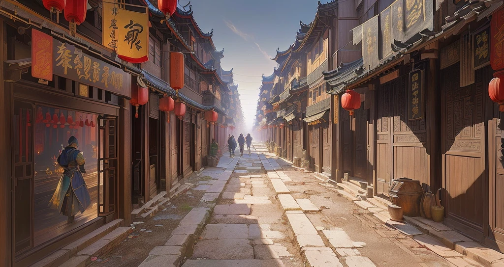 There is a painting，There is a street in the painting，Old city streets, Chinese streets, Traditional Chinese Concept Art, Beautiful rendering of the Ming Dynasty, China Town, Dreamy Chinatown, Anime Landscape Concept Art, Chinese feudal background, China city, Ancient city landscape, dota matte concept art, Feudal Chinese art，Reduce the number of floors of the house