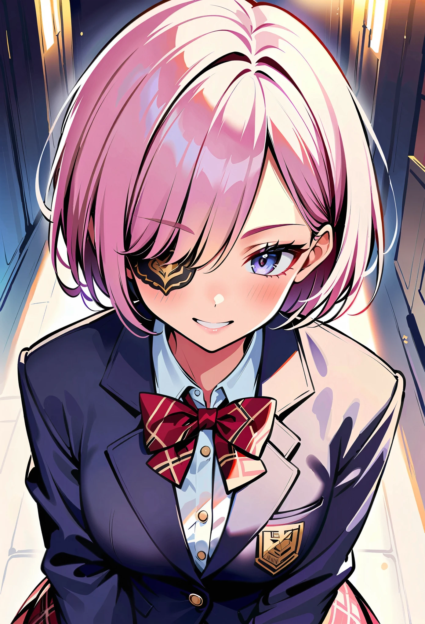 Eye patch, Beautifully decorated, Delicate, Gold, 黒革のEye patch, Group button, Eye patch少女, JK, blazer, Fearless smile, Overbearing, look down, High resolution, masterpiece:1.2, High Detail, high quality.