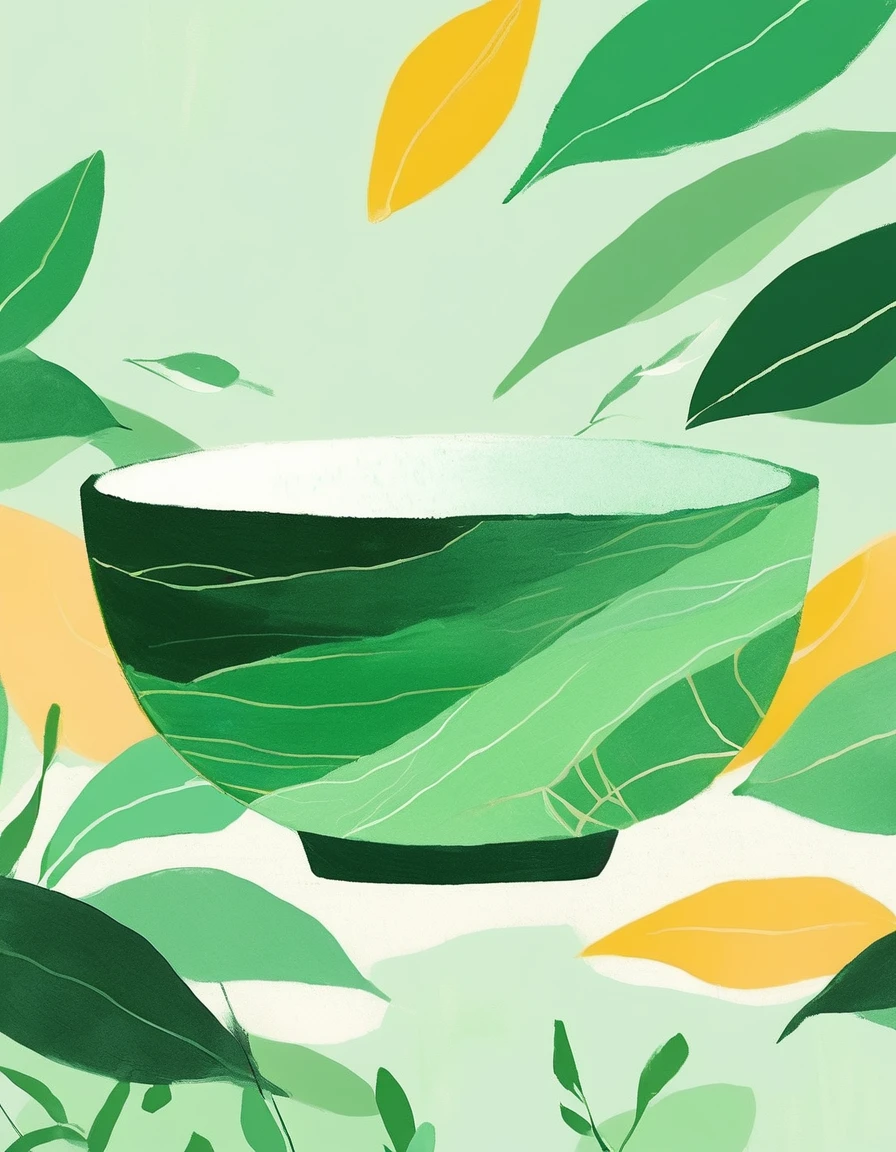 a close-up photo of a bowl, minimalist illustration, deep-light-green- bowl, oil paint texture, sketchy, prominent textures, Chinese style, tea leaf pattern bowl, solid color background, clear edges, illustration style,pop surrealism,drawing,painting