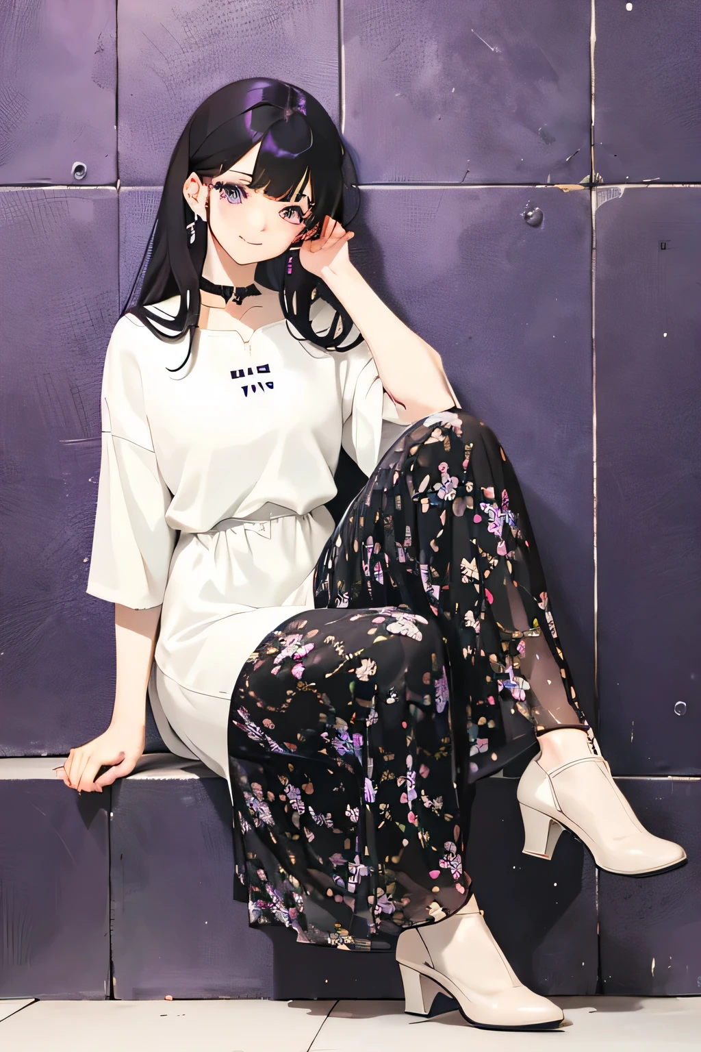 1 girl, anime style photo of suhuu suhas, anime girl with long black hair, purple eyes, slick back hair, bangs, smiling expression, doodle background, floral white dress, white heels, full body shot, sitting , choker around neck