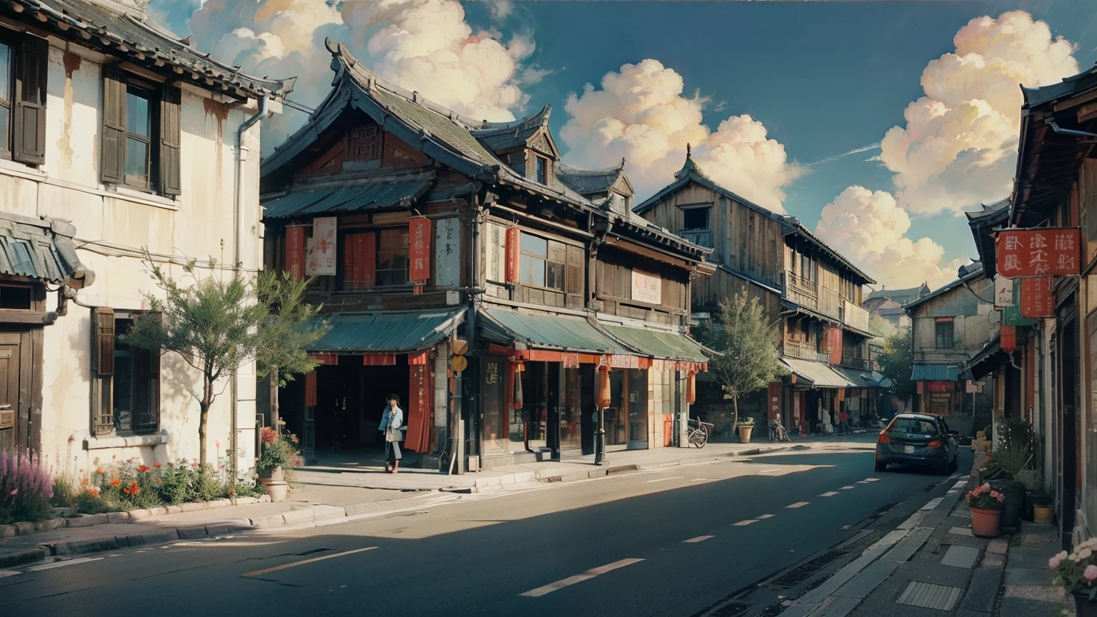 Oil_,architecture, Traditional Chinese Street,Sunlight, Flowers, Green Plants,((Blue sky)),((cloud)),(no car)