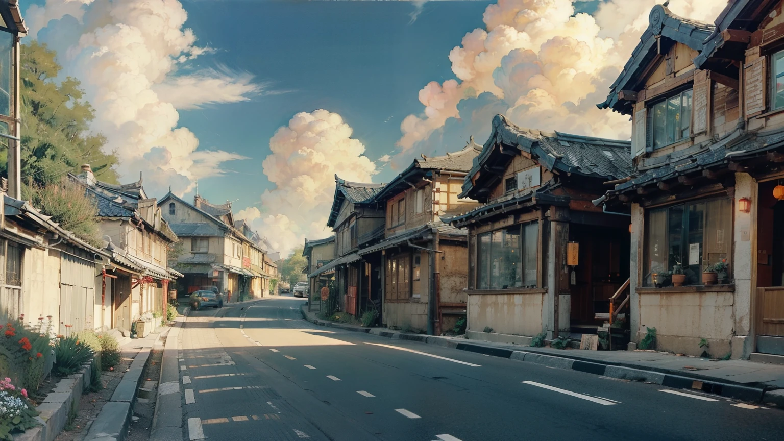 Oil_,architecture, Traditional Chinese Street,Sunlight, Flowers, Green Plants,((Blue sky)),((cloud)),(no car)