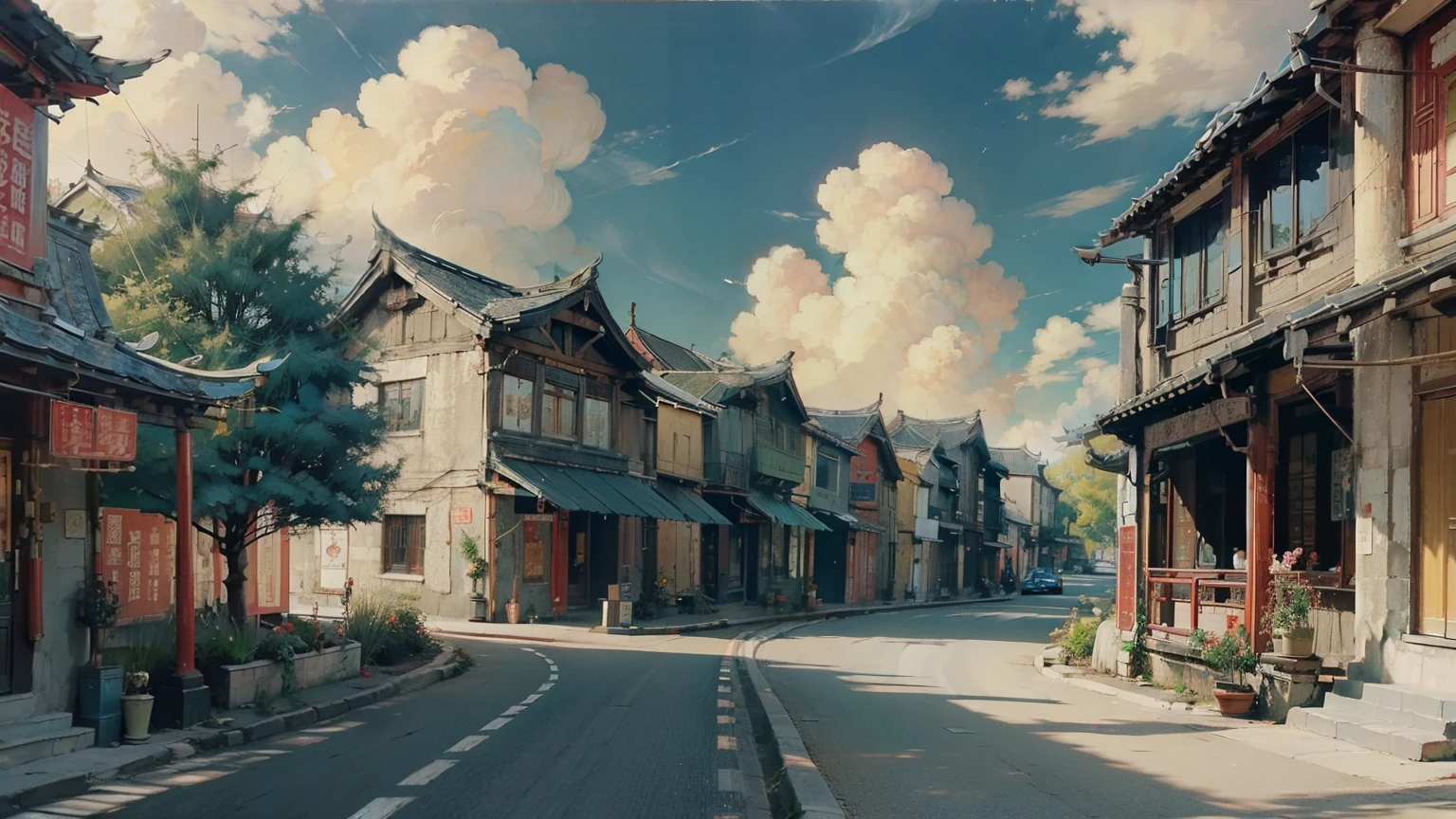 Oil_,architecture, Traditional Chinese Street,Sunlight, Flowers, Green Plants,((Blue sky)),((cloud)),(no car)