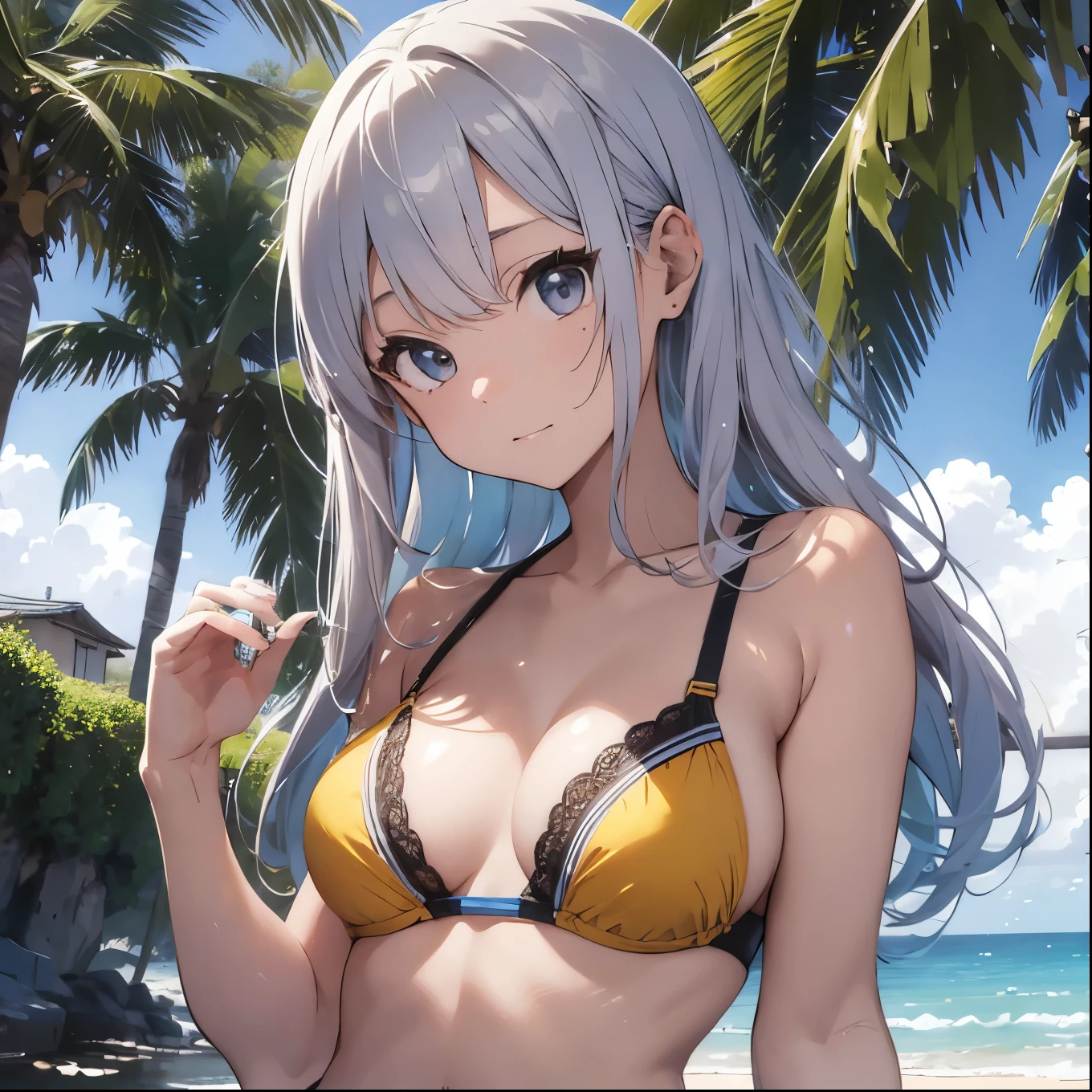 Silver-haired girl drawn in high resolution Japanese anime style、whole body、Women in yellow bikinis taking photos on a deserted beach, model bikini, , Young and cute gravure idol, Posing together in a bra, Russian and Japanese mix, sakimichan, Asian woman, Wear a swimsuit, that'that'that'that'that'that'that'that'that'that'that'that'that'that'that'that'that'that'It's hot with the shining sun, Japanese Model, Cute Core, sakimichan HDRI, Young Gravure Idol, Chubby