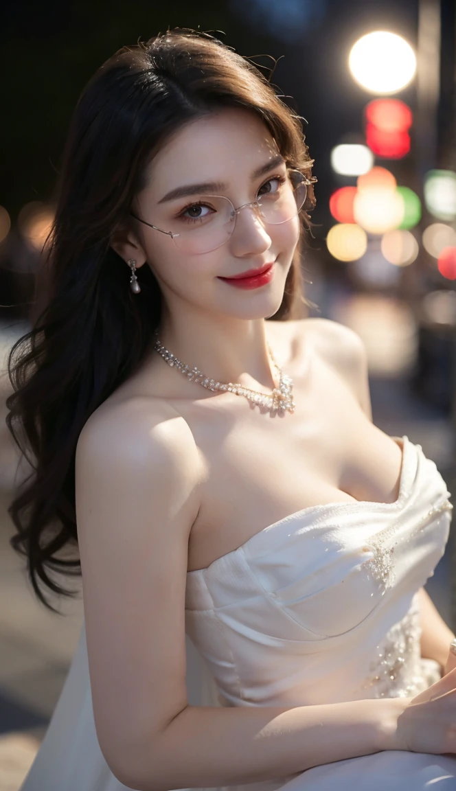 (Canon RF85mm f/1.2), (8K, RAW photos, best quality), (masterpiece), (actual, photograph actual), (Very detailed, High Detail, Best image quality, Super detailed, high resolution, Very detailed, Very detailed的描述, Ultra-fine, Extremely exquisite and beautiful work), Beautiful and delicate girl, Solo Girl, ((Perfect body)), Very detailed eyes and face, White skin, Noble beauty, ((The skin texture is delicate, Pores)), Perfect anatomical structure, Beautiful body, Delicate face, Slim abs, Slim waist), Big Ass, (Large Breasts, Breast enlargement), (Cleavage), (affectionate gaze, soulful eyes, Glowing eyes), (beautiful and clear eyes), (Bounce Curly Messy Long Hair), (Smile:1.2), (fascinated expression), (Attractive appearance), ((Cardigan,Strapless wedding dress)), ((Tight)), ((bud)), ((wear glasses)), earrings, necklace, ((night)), ((Street View, moonlight)), Physically Based Rendering, Realistic lighting, (((Upper Body))), ((looking at the audience)), ((Everlasting)), ((Happy and shy))