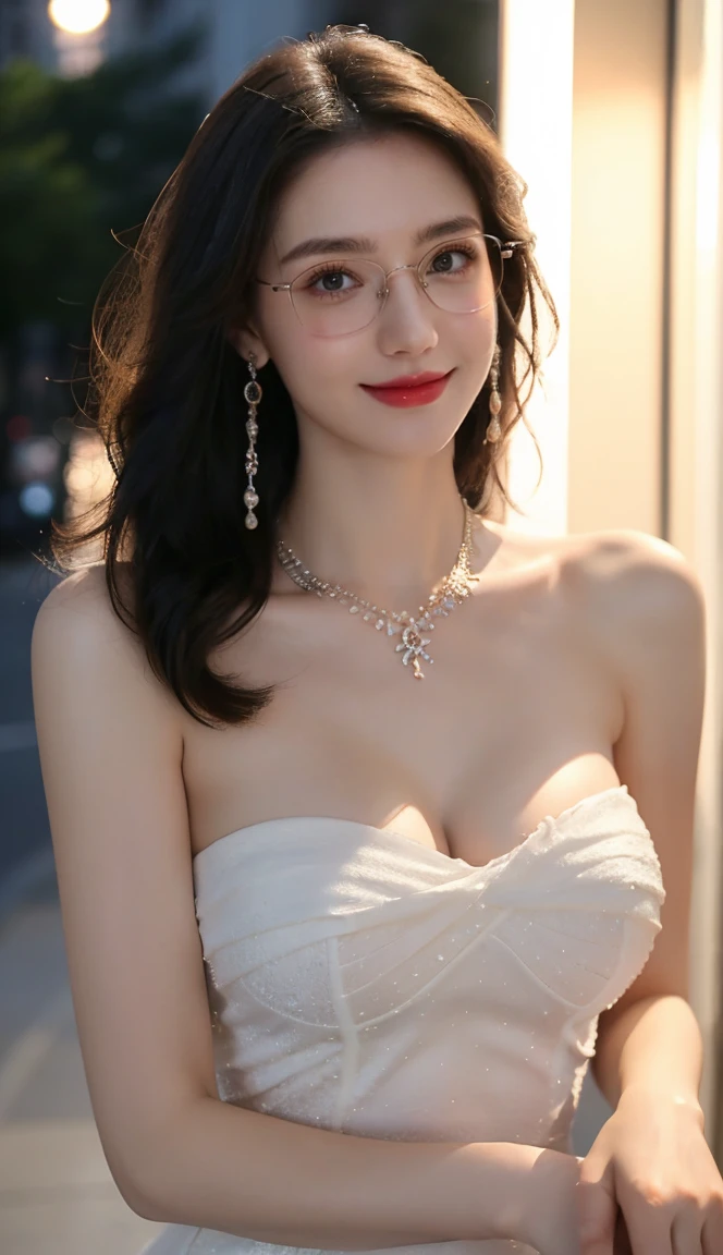 (Canon RF85mm f/1.2), (8K, RAW photos, best quality), (masterpiece), (actual, photograph actual), (Very detailed, High Detail, Best image quality, Super detailed, high resolution, Very detailed, Very detailed的描述, Ultra-fine, Extremely exquisite and beautiful work), Beautiful and delicate girl, Solo Girl, ((Perfect body)), Very detailed eyes and face, White skin, Noble beauty, ((The skin texture is delicate, Pores)), Perfect anatomical structure, Beautiful body, Delicate face, Slim abs, Slim waist), Big Ass, (Large Breasts, Breast enlargement), (Cleavage), (affectionate gaze, soulful eyes, Glowing eyes), (beautiful and clear eyes), (Bounce Curly Messy Long Hair), (Smile:1.2), (fascinated expression), (Attractive appearance), ((Cardigan，Strapless wedding dress)), ((Tight)), ((bud)), ((wear glasses)), earrings, necklace, ((night)), ((Street View, moonlight)), Physically Based Rendering, Realistic lighting, (((Upper Body))), ((looking at the audience)), ((Everlasting)), ((Happy and shy))