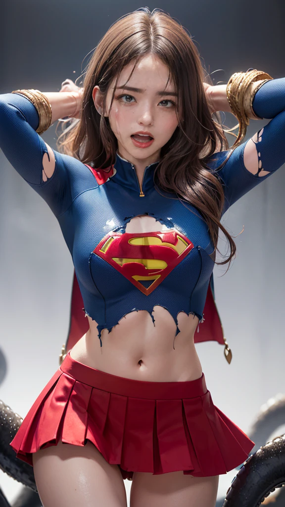 (8k、Highest quality、masterpiece:1.2)、(Realism、Photorealistic:1.37)、Ultra high definition、(Highest quality)、(masterpiece)、Supergirl trapped by tentacles、(Perfect fit body、Perfect fit、Perfect Thighs)、(((Wearing the Supergirl suit、skirt、Damaged、Torn、Thighs in Torn clothes、 Exposed arms)))、Long Hair、Long Hair、(((Tattered clothes、Too much exposure、Torn clothes、引き裂かれたskirt、ボロボロのskirt、White liquid all over the body、White liquid sticks to the body、 on the face、胸に白colorの液体、)))、(((The background is a prison、Hands clasped behind head、Surrounded by tentacles、The body is connected by many tentacles.、Hands bound by tentacles、The legs are tied with tentacles、Tentacles groping the whole body、color々Mature woman posing))),(Open your mouth、Scream、painでうめき声をあげる, painを感じ, Flowing Tears:1.5), pain, I&#39;m in pain and crying、A meat stick is stuck in his crotch、