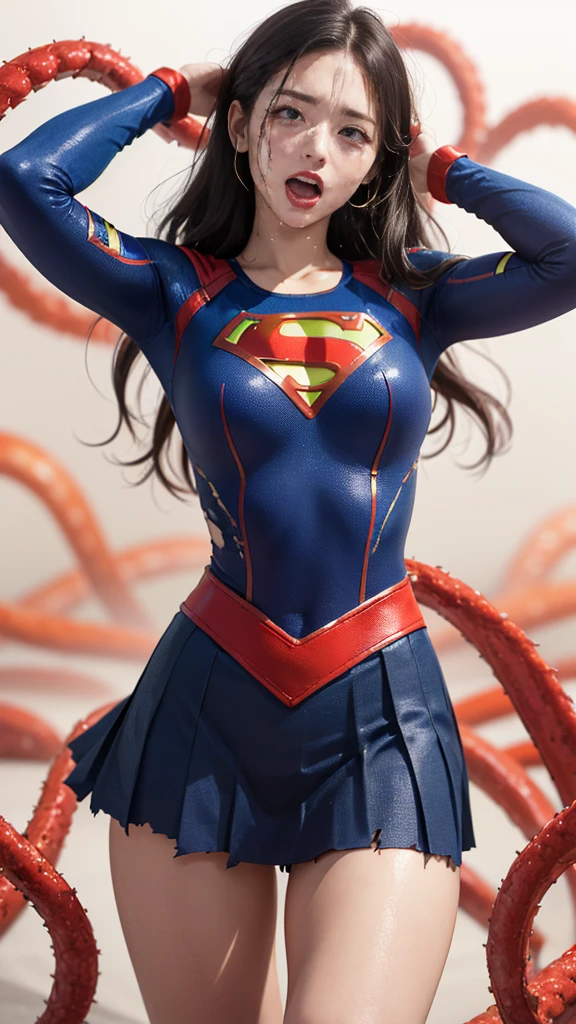 (8k、Highest quality、masterpiece:1.2)、(Realism、Photorealistic:1.37)、Ultra high definition、(Highest quality)、(masterpiece)、Supergirl trapped by tentacles、(Perfect fit body、Perfect fit、Perfect Thighs)、(((Wearing the Supergirl suit、skirt、Damaged、Torn、Thighs in Torn clothes、 Exposed arms)))、Long Hair、Long Hair、(((Tattered clothes、Too much exposure、Torn clothes、引き裂かれたskirt、ボロボロのskirt、White liquid all over the body、White liquid sticks to the body、 on the face、胸に白colorの液体、)))、(((The background is a prison、Hands clasped behind head、Surrounded by tentacles、The body is connected by many tentacles.、Hands bound by tentacles、The legs are tied with tentacles、Tentacles groping the whole body、color々Mature woman posing))),(Open your mouth、Scream、painでうめき声をあげる, painを感じ, Flowing Tears:1.5), pain, I&#39;m in pain and crying、A meat stick is stuck in his crotch、