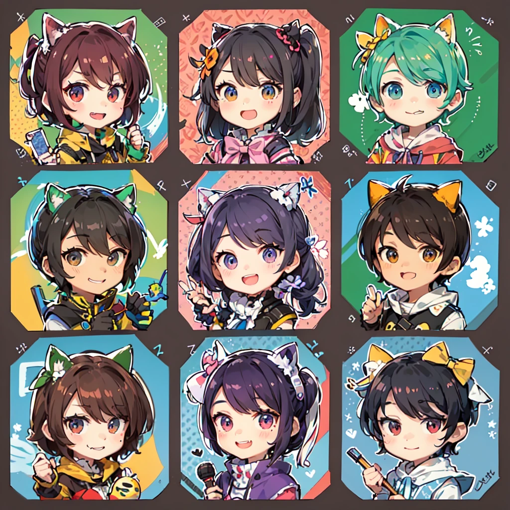 The characters' outfits are summery, 6 stickers of anime characters with different expressions, Fleet Collection Style, Anime Moe Art Style, Girls Frontline Style, Cute art style, Mihoyo Art Style, Official artwork, Chibi Art, Pixiv, Nendoroid-like style, Cute artwork, 8k!!, Various poses, Trending on Art Station Pixiv